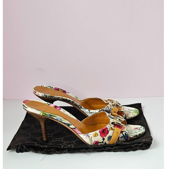 Gucci Floral Print Satin Slides - Picture 1 of 7